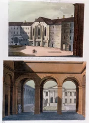 Ansicht des Hofes der Akademie von Neustadt und der öffentlichen Bäder in Wien. Österreich, Gravur von 1826, Privatsammlung