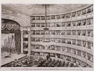 Ansicht der ersten Aufführung der Oper Der Herzog von Alba, im Teatro Apollo, Rom