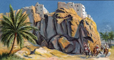Ansicht der befestigten Stadt Al-Hadjaren, Jemen, 1930er Jahre Chromolithographie Private Sammlung