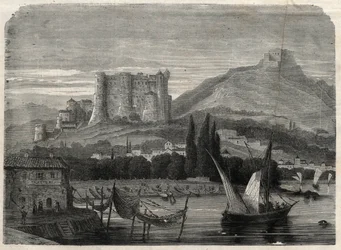 Ansicht der Festungen von La Spezia in Italien. Gravur in „The Illustrous Universe“