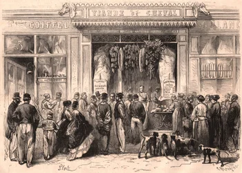 Ansicht der Vorderseite einer Pferdefleischmetzgerei in Paris, Frankreich