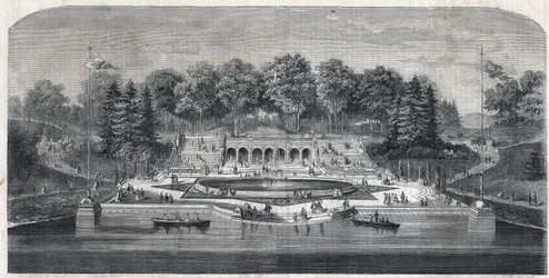 Ansicht des Gartens „Central Park“ in New York, USA. Architektur von Frederick Law Olmsted und Calvert Vaux im Stadtteil Manhattan. Gravur in „The Illustrious Universe“