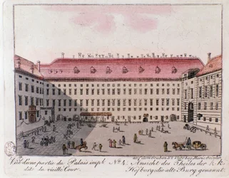 Ansicht des Teils des Kaiserpalastes namens Alte Burg in Wien. Österreich. Gravur von 1815. Private Sammlung