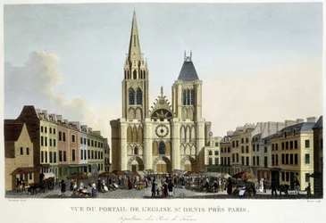 Ansicht des Portals der Kirche von St. Denis, nahe Paris, Begräbnisstätte der Könige von Frankreich, und Markt auf dem Platz - in „Paris par Courvoisier“