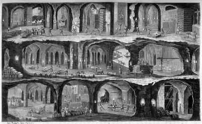 Ansicht der unterirdischen Arbeiten in den Salzminen von Wieliska, Galizien. In „Die Wunder der Industrie“ von Louis Figuier.