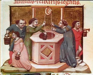 Dorfbewohner schöpfen Wasser am Brunnen (Miniatur) aus dem Codex Justinianus