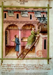 Essig: eine junge Frau füllt einen Krug, Illumination aus dem „Tacuinum sanitatis“