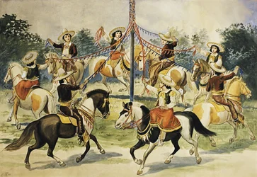Vintage-Poster von Reitern, die Bänder um einen Maibaum wickeln