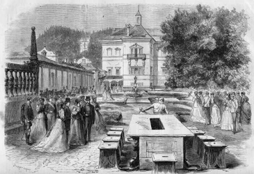 Besuch von Kaiser Franz Joseph und Kaiserin Elisabeth von Österreich mit Eugénie, Kaiserin der Franzosen, und Napoleon III. in der kaiserlichen Residenz von Hellbrunn in Österreich am 21. August.