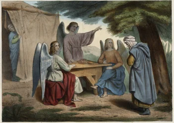Besuch der drei Engel bei Abraham: Abraham erfährt, dass seine Frau Sarah (im Hintergrund), bereits sehr alt, ihm bald einen Sohn gebären wird. Anonyme Gravur aus der Mitte des 19. Jahrhunderts.