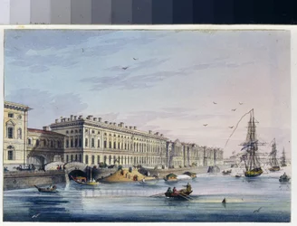 Ansicht des Kaiserkai in Sankt Petersburg (Russland). (Aus dem Album von Marie Taglioni). Anonymes Werk, Gravur mit Aquarell, um 1840. 19. Jahrhundert, Klassizismus. Staatliches Museum A. S. Puschkin, Moskau.