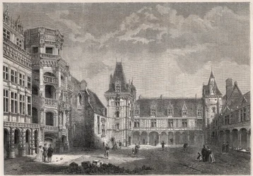 Außenansicht des Schlosses von Blois mit der monumentalen Treppe - Gravur in „Le Monde Illustré“