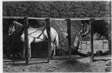 Ein Wagen wird in den Kohleminen von Wales eingesetzt. Gravur in „Le journal de la jeunesse“