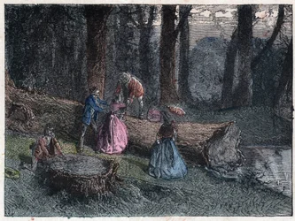 Spaziergänger versuchen, das Alter einer toten Eiche zu berechnen, indem sie den Baumstamm untersuchen. Gravur Ende des 19. Jahrhunderts.