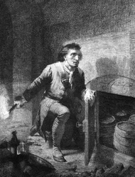 Spanischer Erbfolgekrieg: Darstellung des piemontesischen Minensoldaten Pietro (Pierre) Micca (1677-1706), der ein Pulverfass ergriff, um den Durchgang der französischen Soldaten in den Keller der Zitadelle während der Belagerung von Turin zu verhindern