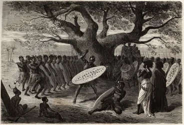 Kriegerische Übungen der Landines oder Kaffern-Zulus, eine Sena (Region des Sambesi-Flusses, Mosambik). Gravur zur Illustration von Dr. Livingstones ersten Reisen nach Südafrika von 1840 bis 1856, in „Le tour du monde, nouveau journal des voyages“, herausg