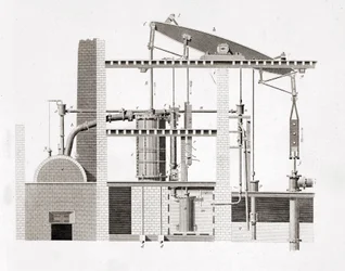 Watt-Dampfmaschine. Schema. 19. Jahrhundert Gravur