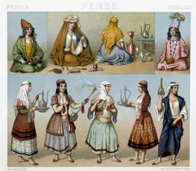 Frauen bereiten Tee zu und weibliche Kostüme in Persien - in „Le costume historique“ von Racinet