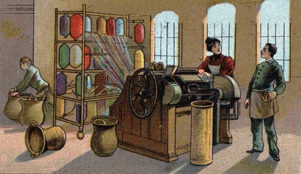 Wollindustrie, Kämmen. Chromolithografie des späten 19. Jahrhunderts