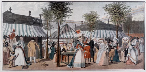 Weltspaziergang durch die Gärten des Königspalastes, Ende 18. Jahrhundert - Chromolithografie nach der Gravur von Debucourt