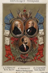 Porträts von Lazare Carnot französischer Politiker (1753-1823), Hyppolite Carnot (1801 bis 1888) und Sadi Carnot Präsident der französischen Republik.