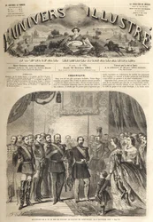 Der Besuch von Wilhelm, dem König von Preußen, bei Napoleon III., dem Kaiser der Franzosen, in Compiègne, Frankreich 1861 - Besuch von Wilhelm I. von Preußen (1797-1888) in Compiègne in Anwesenheit von Napoleon III. - Gravur aus „Das illustre Universum“