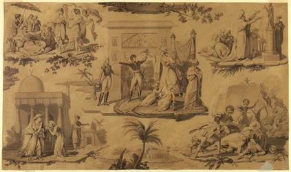 Zeichnung, Cartoon für bedruckten Baumwollstoff: Die Franzosen in Ägypten [Les Francais en Egypte], ca. 1815