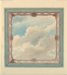 Zeichnung, Deckendesign mit Gitterbalkon und offenem Himmel, möglicherweise für Wintergarten/Musikzimmer oder Speisesaal, ca. 1820