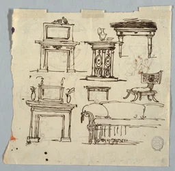 Zeichnung, Kaminstücke, Möbel und Deckenmedaillon, 1790–1810