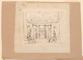 Vorhangdesign, geschwungenes Tor antike Architektur, frühes 19. Jh.
