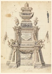 Zeichnung, Entwurf für einen Katafalk für den Gedenkgottesdienst eines Papstes, wahrscheinlich Clemens XI., 1721
