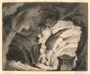 Zeichnung, Bühnenbild, Grab in einer Höhle, frühes 19. Jahrhundert
