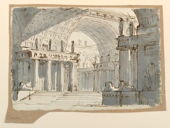 Zeichnung, Bühnenbild, Gewölbtes klassisches Gebäude, ca. 1800