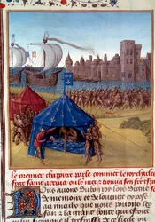 8. Kreuzzug: Der Tod von Ludwig IX. durch die Pest in Tunis Miniatur aus „Le livre des faits de Monseigneur Saint Louis“