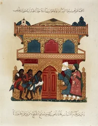 Eine Karawane in Bewegung. Illustration aus dem 13. Jahrhundert der „Maqamat“ (Sitzungen) von Abu Mohammed al-Kasim ibn Ali Hariri (oder Al-Hariri oder Al Hariri) (1054-1122) in „Arabische Kunst“ von den Denkmälern Kairos vom 7. bis zum 18. Jahrhundert von