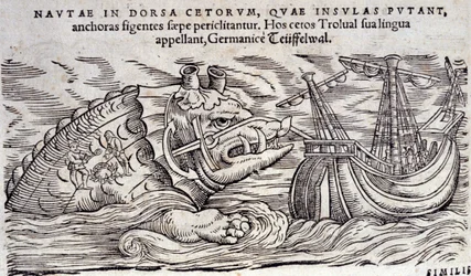 Ein Wal, der mit einer Insel verwechselt wird. Zwei Personen entzünden ein Feuer auf dem Rücken eines Meeresmonsters. Gravur in „Historia Animalium“ von Conrad Gesner (1516-1565), Tiguri