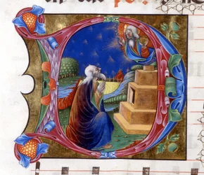 Abraham wird vom Herrn eingeladen, sein Land zu verlassen. Miniatur aus einem Chorbuch des 15. Jahrhunderts („civitatis“ von Augustinus).