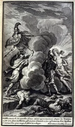 Achilles, mit seinen neuen Waffen, greift die Trojaner an (Illustration aus Buch XX der Ilias von Homer)