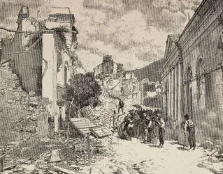Unter den Ruinen nach dem Erdbeben im Seebad Balliazzi, Italien