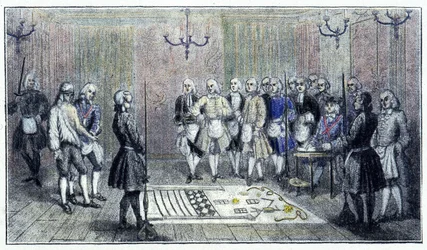 Eine Lehrlingsloge in Paris, um 1740: Diese Szene zeigt die Aufnahme eines „Lehrlings“ Freimaurers (auf dem Boden das Gemälde der Lehrlingsloge) - nach einer Gravur der Zeit.