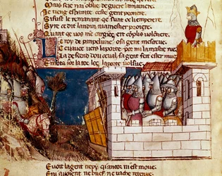 Eine Armee (vom König von Pamplona?) nimmt Zuflucht in einer Burg und überquert die Miniatur-Levis-Brücke aus „Entrée von Spanien“. 14. Jahrhundert Venedig, Biblioteca Marciana.