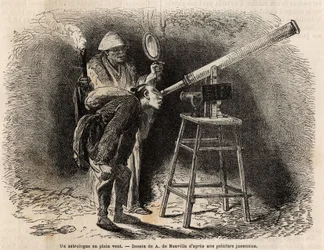 Ein Astrologe sucht den Himmel im Freien mit seinem Teleskop. Gravur zur Illustration der Reise nach Japan, 1863-1864, von Aime Humbert, Minister der Schweizerischen Eidgenossenschaft, in "Le tour du monde, nouveau journal des voyages"