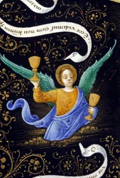 Engel, der zwei Kelche hält. Miniatur von Belbello da Pavia
