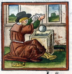 Archimedes bestimmt das Gewicht der Krone von Hieron durch Eintauchen in Wasser (Erfahrung des Auftriebs) (Gravur)