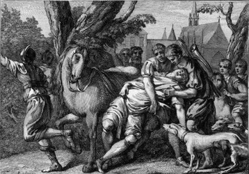 Ermordung von Chilperich I. (539-584), König von Neustrien, auf Veranlassung seiner Frau, Königin Fredegonde (ca. 545-597), 584. Gravur aus dem 18. Jahrhundert.