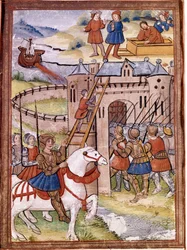 Angriff auf eine Burg. Episode des Hundertjährigen Krieges. Manuskript aus dem 16. Jahrhundert. Victoria and Albert Library, London.