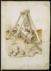 Kugelkanone und Aufzug - Manuskript: Pergamentblatt eines Ingenieurhandbuchs für den Bau ziviler, religiöser und militärischer Gebäude, anonym, spätes 15. Jahrhundert (Figur in chinesischer Tinte)