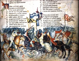 Schlachtszene. Miniatur aus dem „Roman de Troie“ von Benoît de Sainte-Maure. 14. Jahrhundert, Biblioteca Marciana, Venedig.