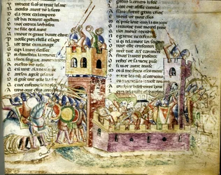 Schlachtszene in einer befestigten Burg. Miniatur aus dem „Roman de Troie“ von Benoît de Sainte-Maure.