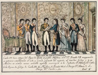 Bayonnes Interview 1808 nach dem Aufstand von Aranjuez, der zur Abdankung von König Karl IV. von Spanien führte und den Thron an Napoleon I. übergab, bevor sein Sohn Ferdinand VII. (Fernando VII) ihn übernahm